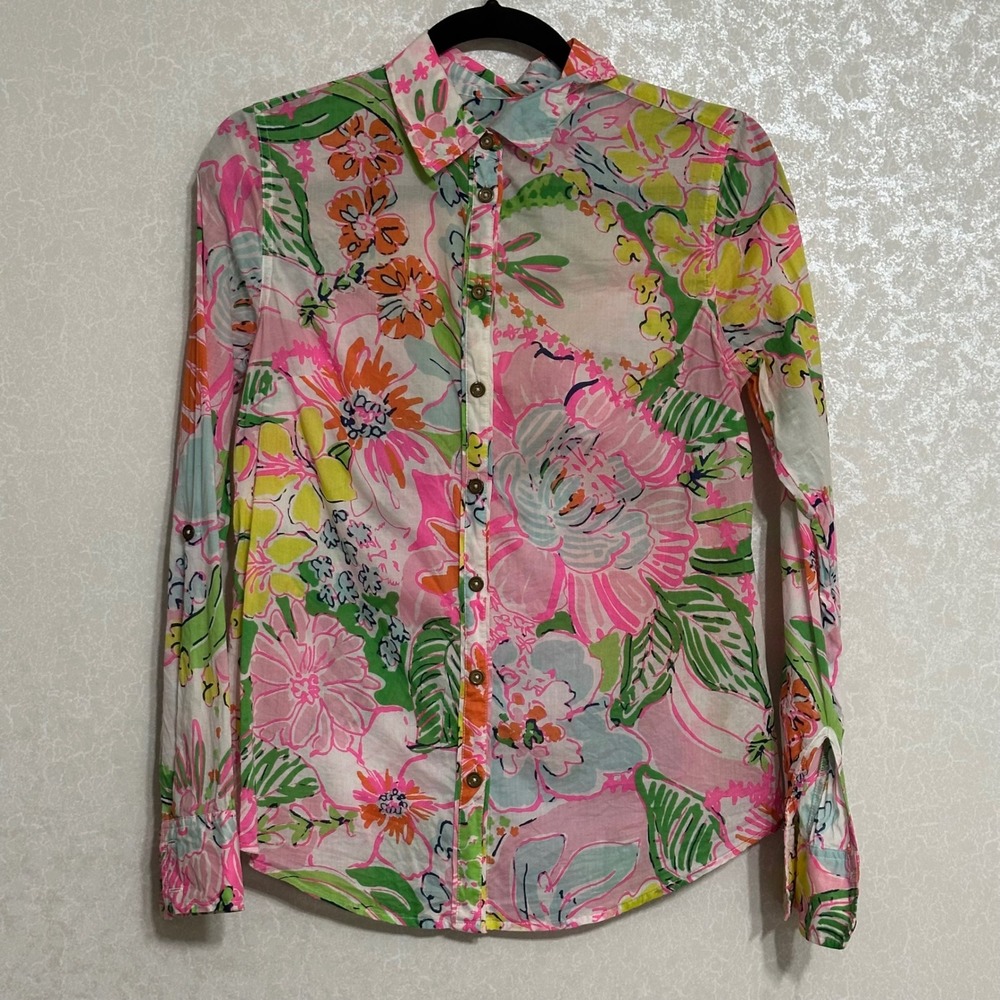 Lilly Pulitzer for Target Floral Button Down Shirt Cotton Pink Tropical Multi XS
